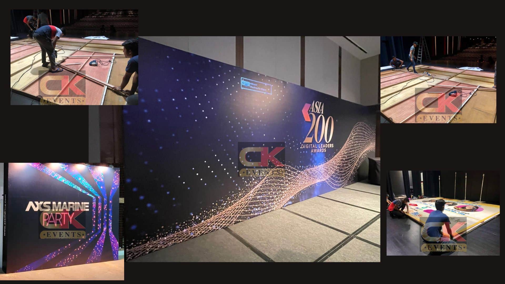 Wide printed awards backdrop with photographs of timber panel assembly