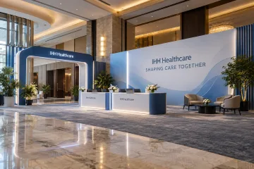 IHH Healthcare healthcare leadership forum with a restrained healthcare leadership forum entrance arch, registration desks and a broad discussion-stage wall