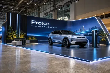 Proton electric mobility showcase with generic unbadged concept SUV, charging demonstration pedestal and wide illuminated display wall