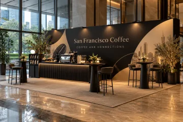 San Francisco Coffee coffee and business networking with minimal printed media wall, coffee station and standing discussion tables