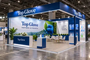 Top Glove industry exhibition and partner day with a professional corner exhibition booth with open meeting area, glove product display cases and an overhead blue fascia