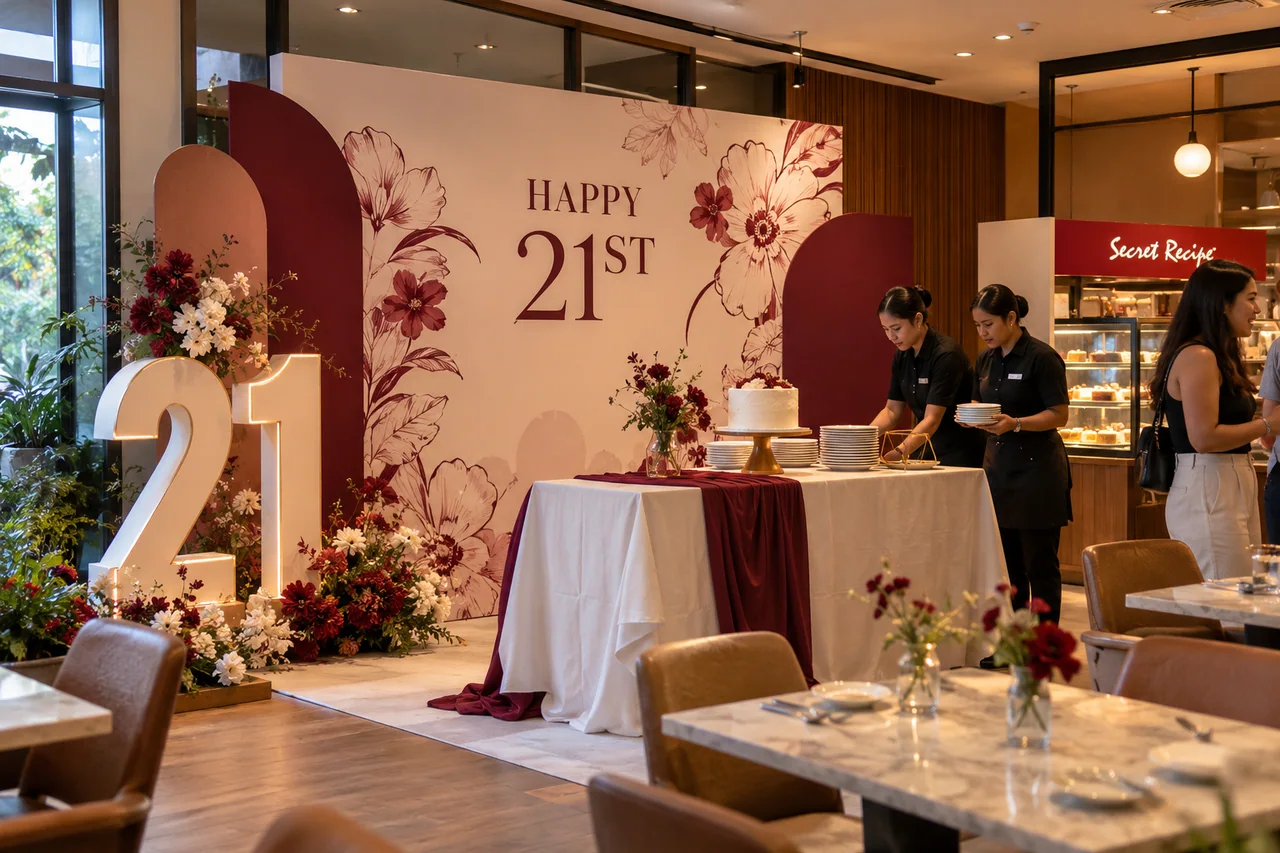 Secret Recipe 21st birthday design reference with adult birthday cake display and printed numeral wall