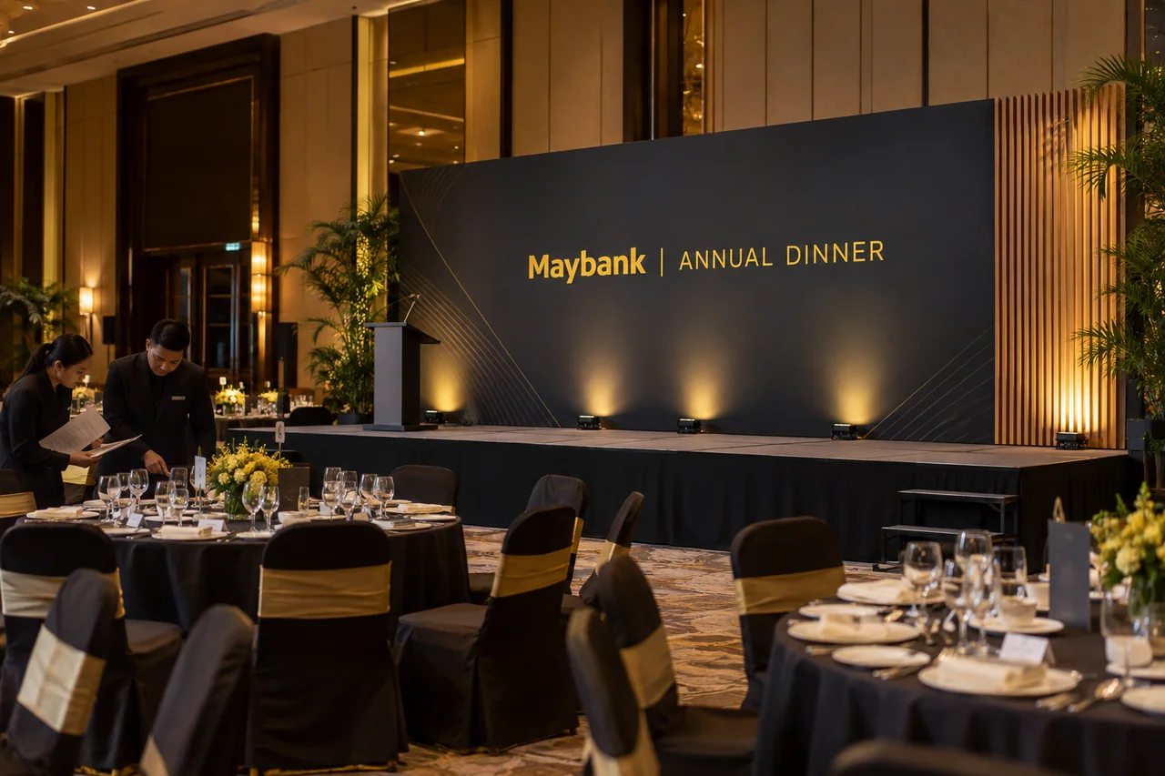 Maybank annual dinner design reference with printed dinner stage and banquet seating