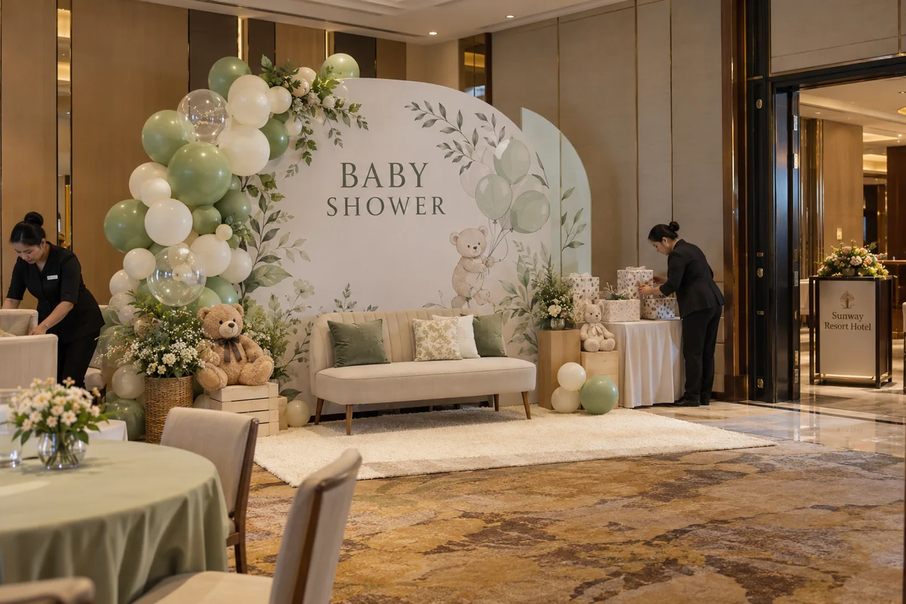 Sunway Resort Hotel baby shower design reference with quiet family baby-shower portrait and gift corner