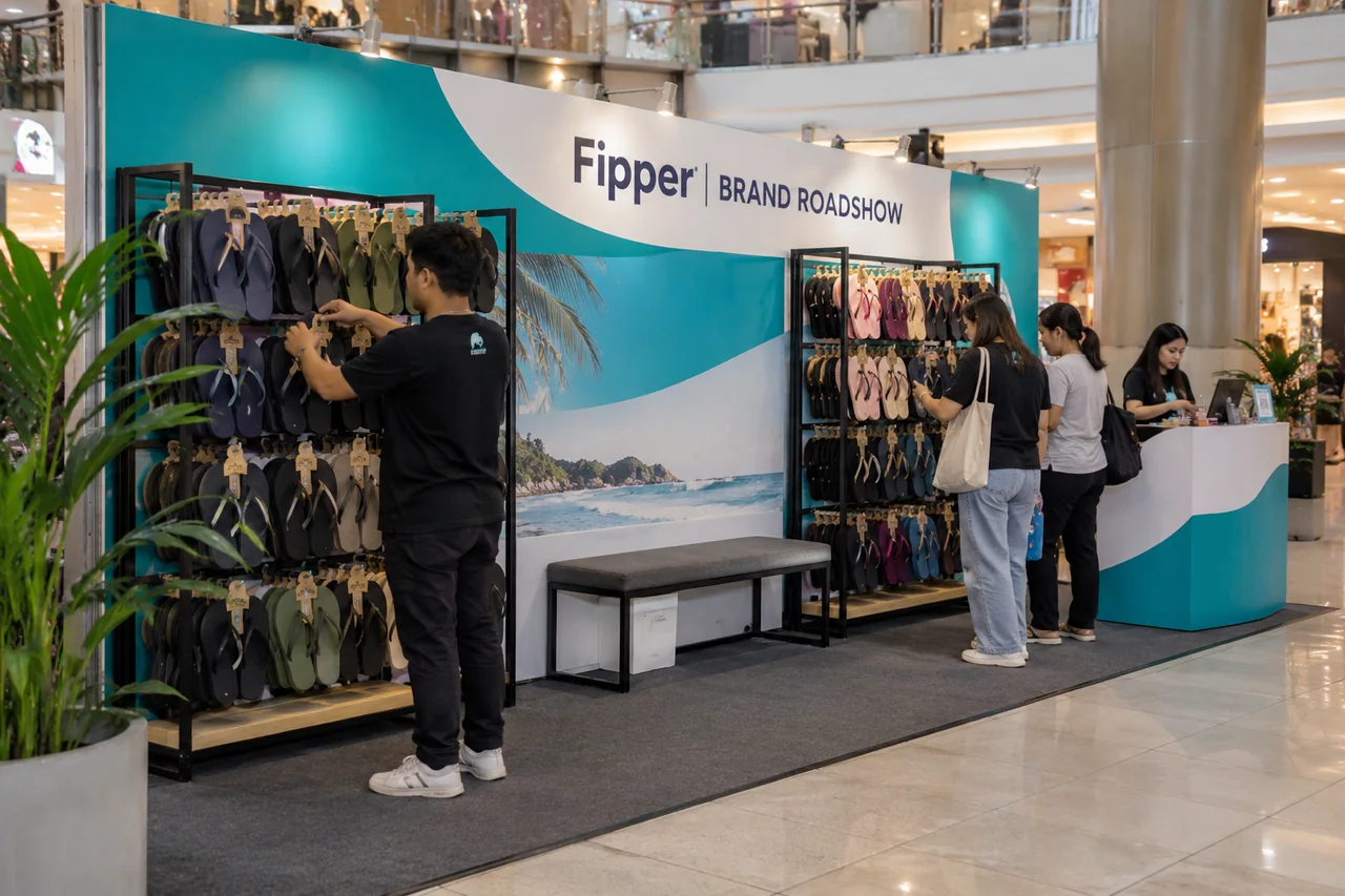 Fipper brand roadshow design reference with footwear roadshow display and fitting counter