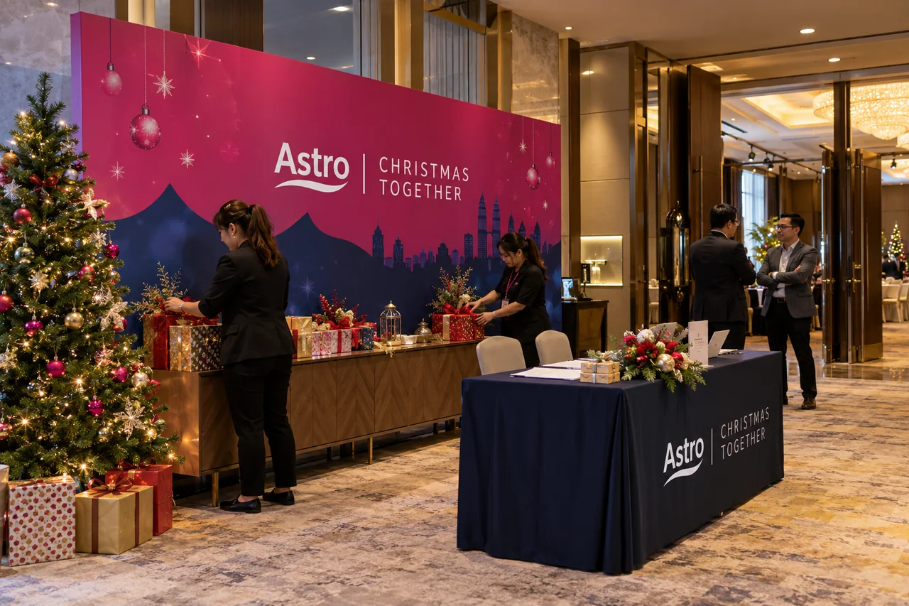 Astro christmas corporate event design reference with corporate christmas dinner portrait foyer