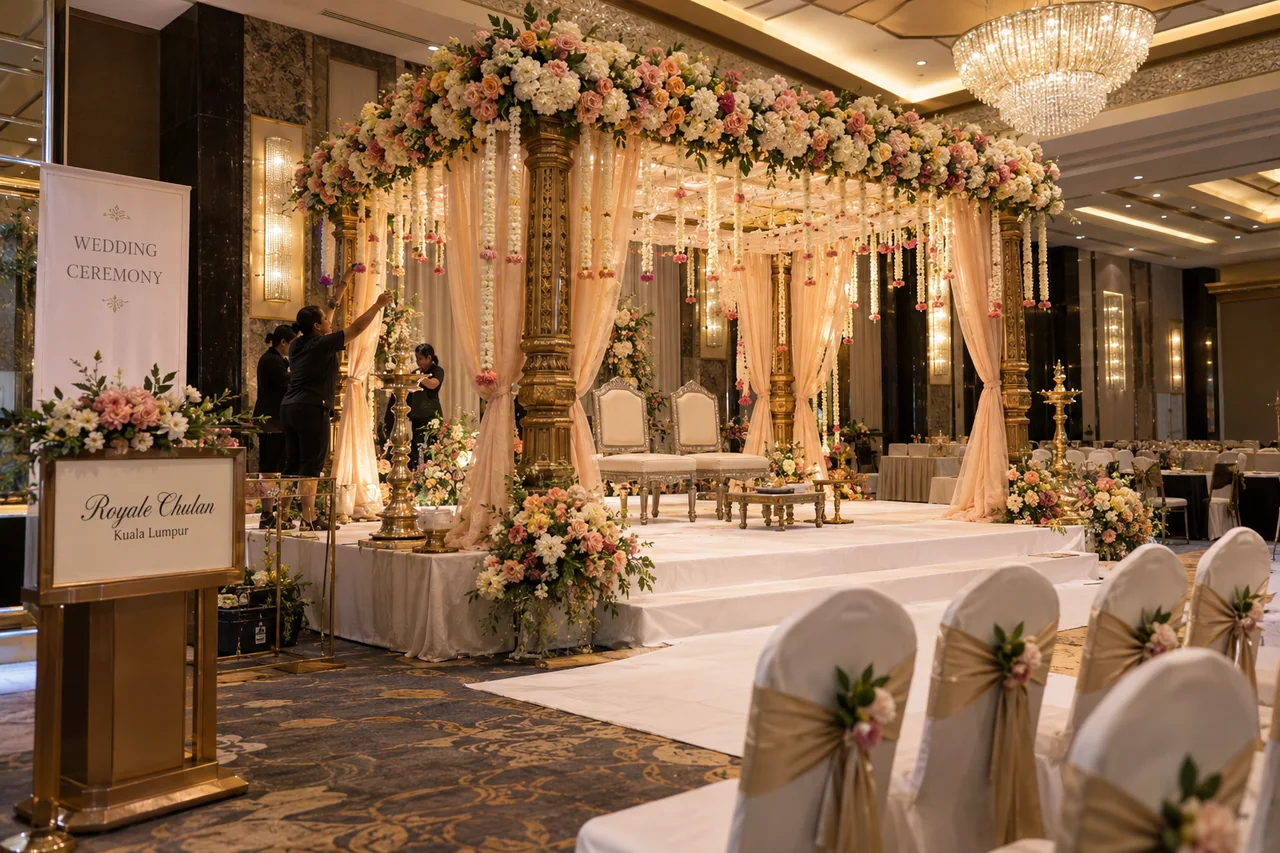 Royale Chulan Kuala Lumpur mandap design reference with four-post floral ceremony canopy