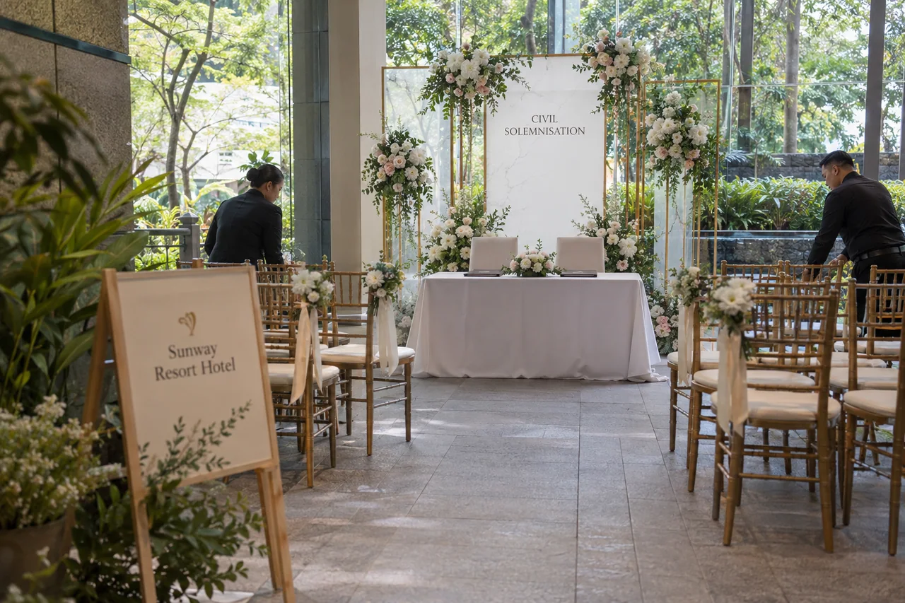 Sunway Resort Hotel rom and civil solemnisation design reference with civil ceremony signing table and guest seating