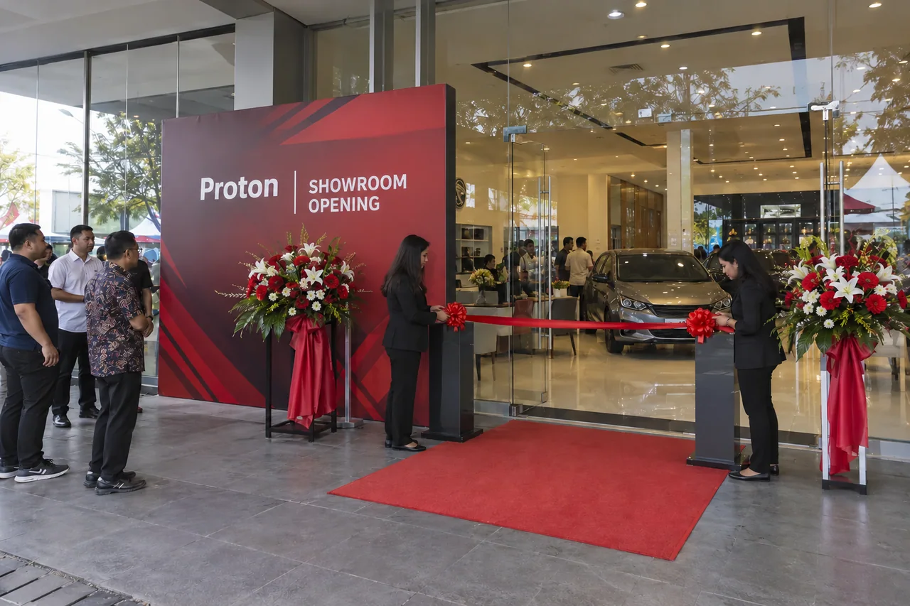 Proton showroom opening design reference with automotive showroom entrance opening ribbon